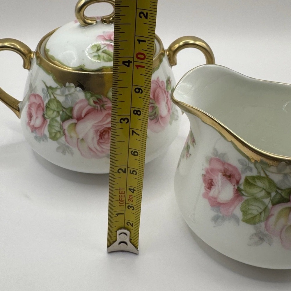 Vintage Bavaria J&C Porcelain Sugar Bowl & Creamer Set Pink Roses Gold Trim #117 - Picture 8 of 10